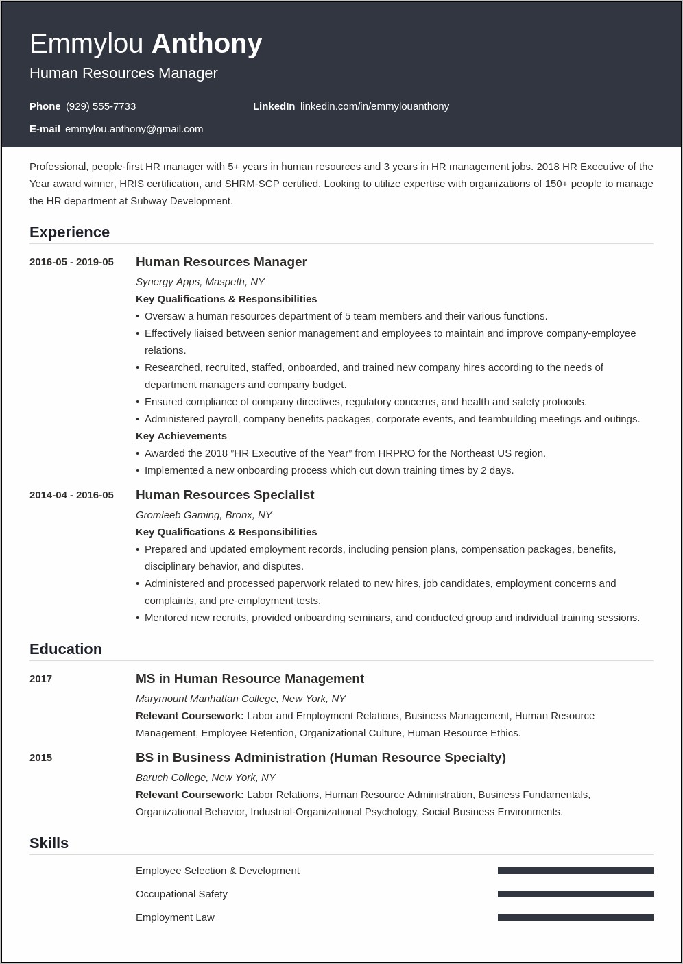Sample Resume For A Human Resource Position