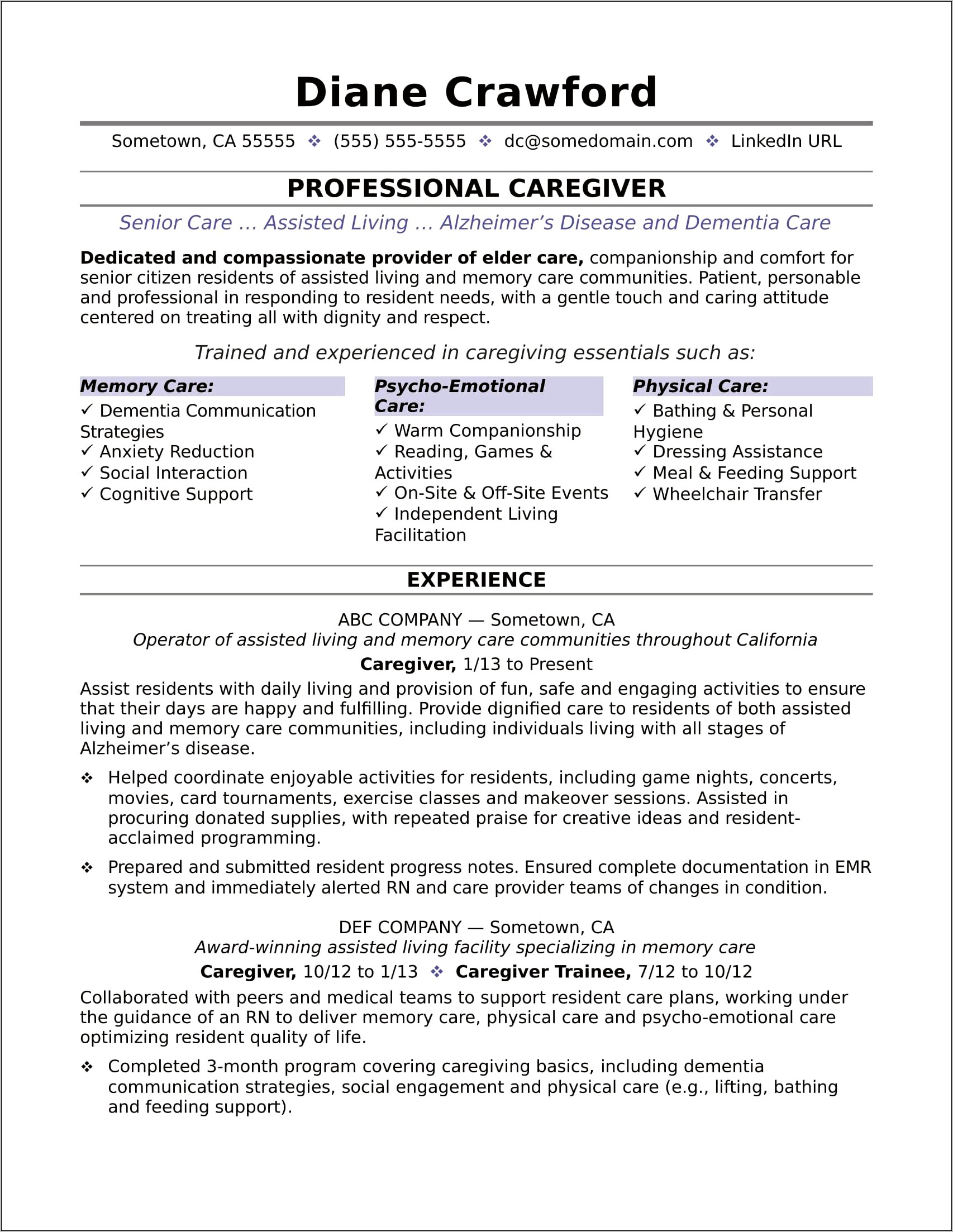 Sample Resume For A Live In Caregiver