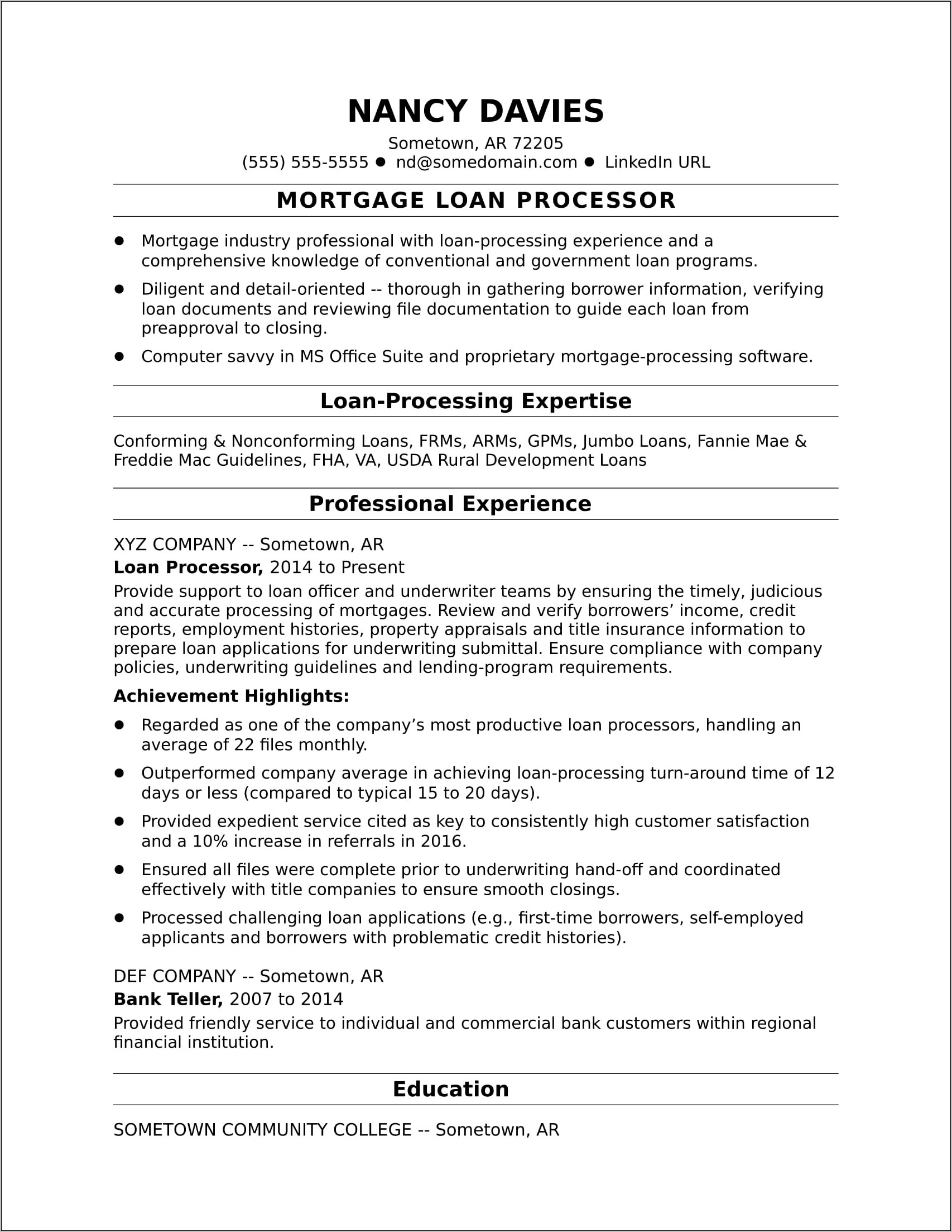 Sample Resume For A Mortgage Loan Officer