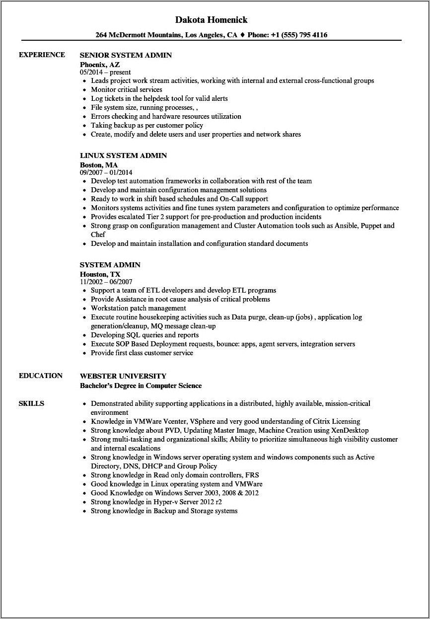Sample Resume For A Network Administrator