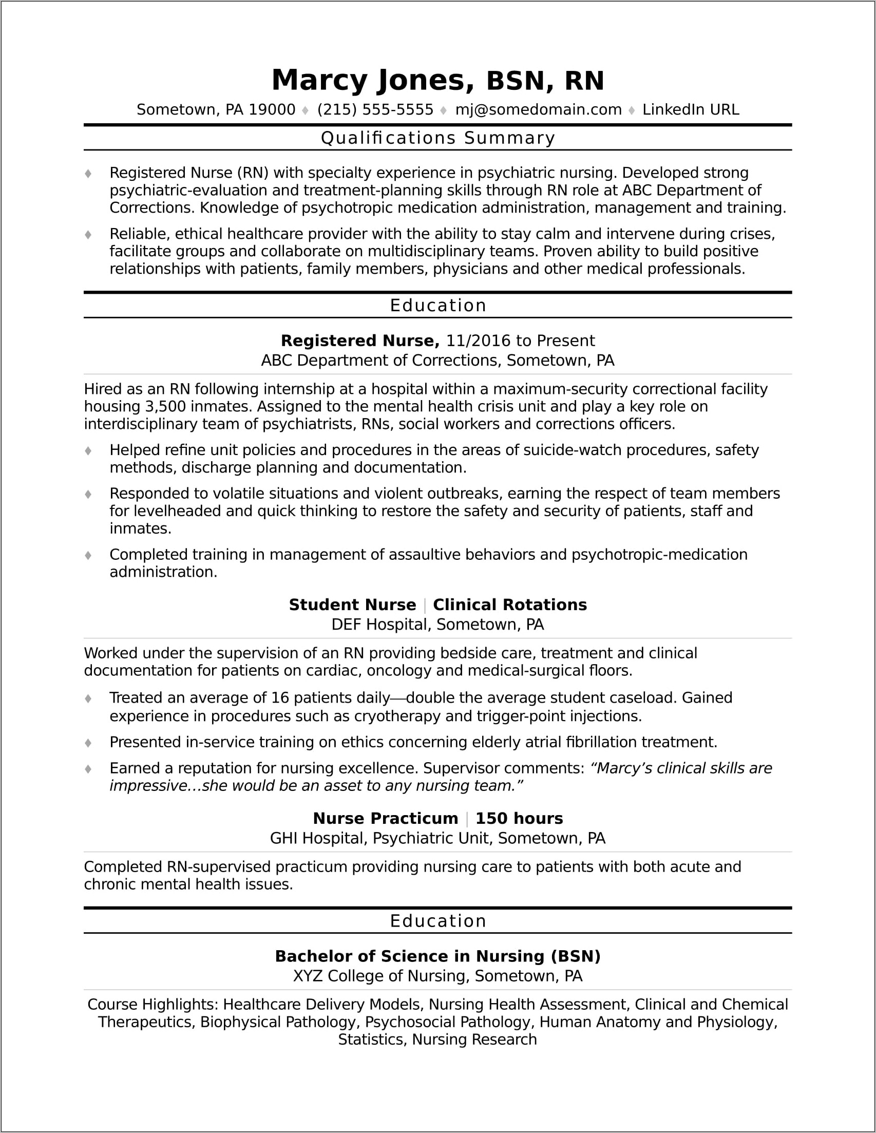 Sample Resume For A Nurse Position