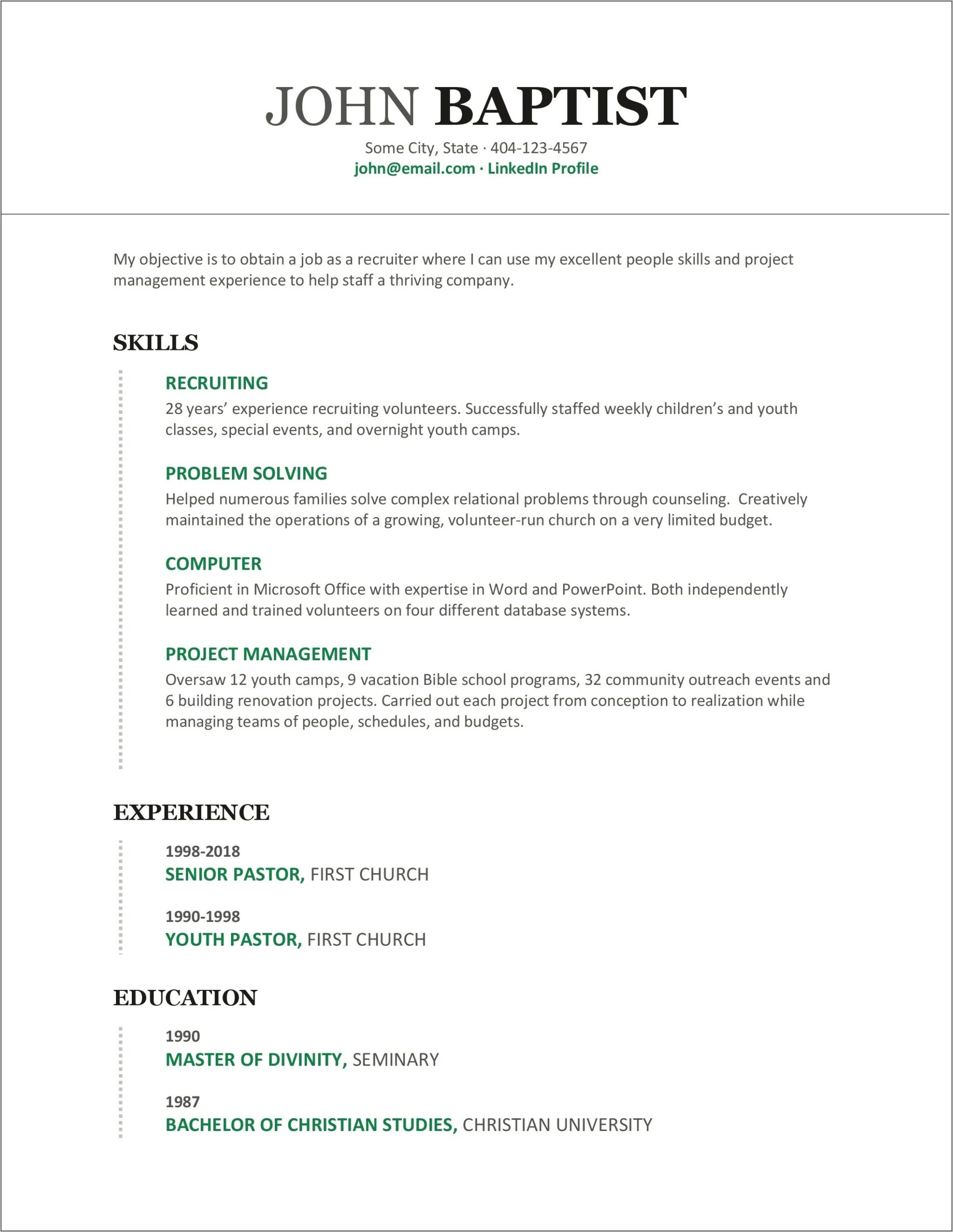 Sample Resume For A Recruiter Position