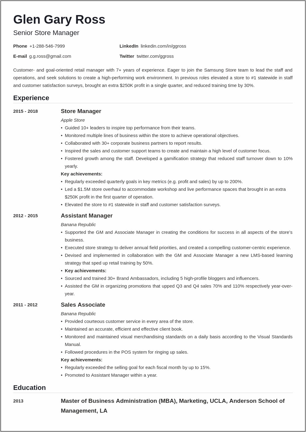 Sample Resume For A Retail Position
