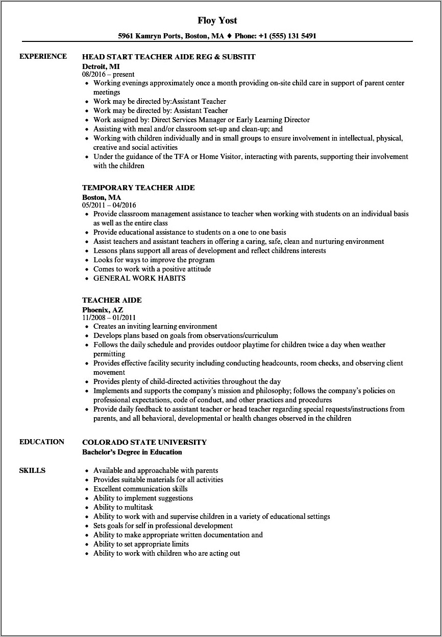 Sample Resume For A Teacher Aide