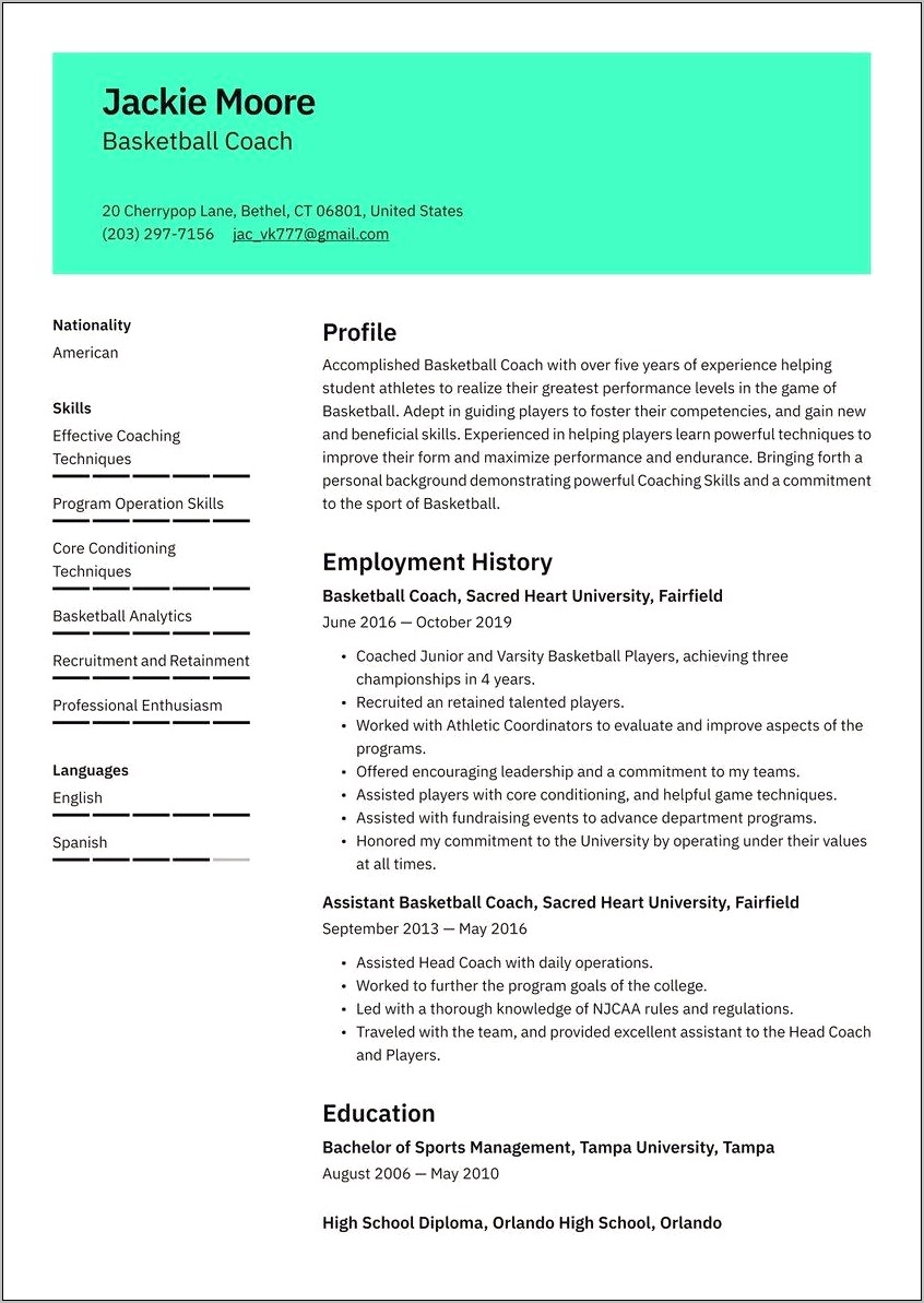Sample Resume For A Tennis Coach Position