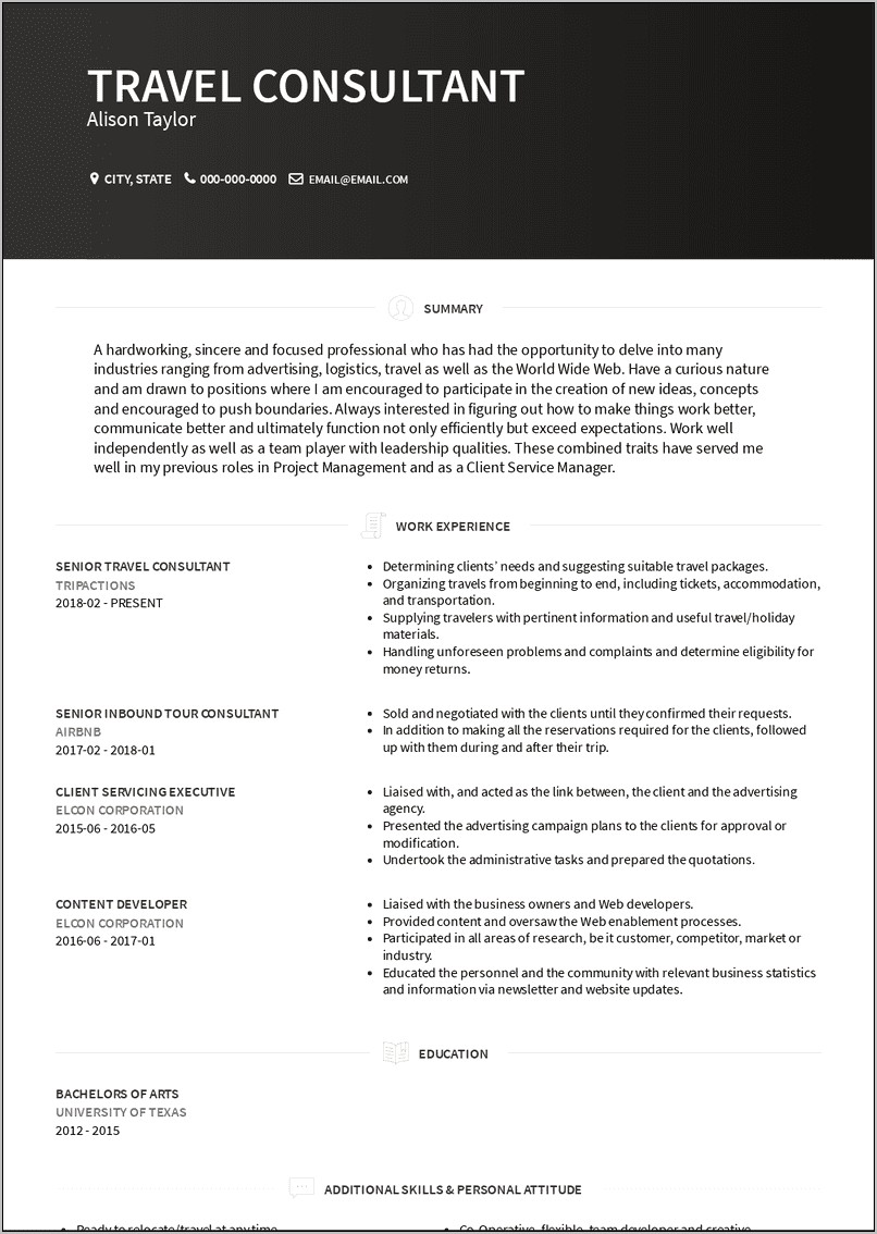 Sample Resume For A Travel Consultant