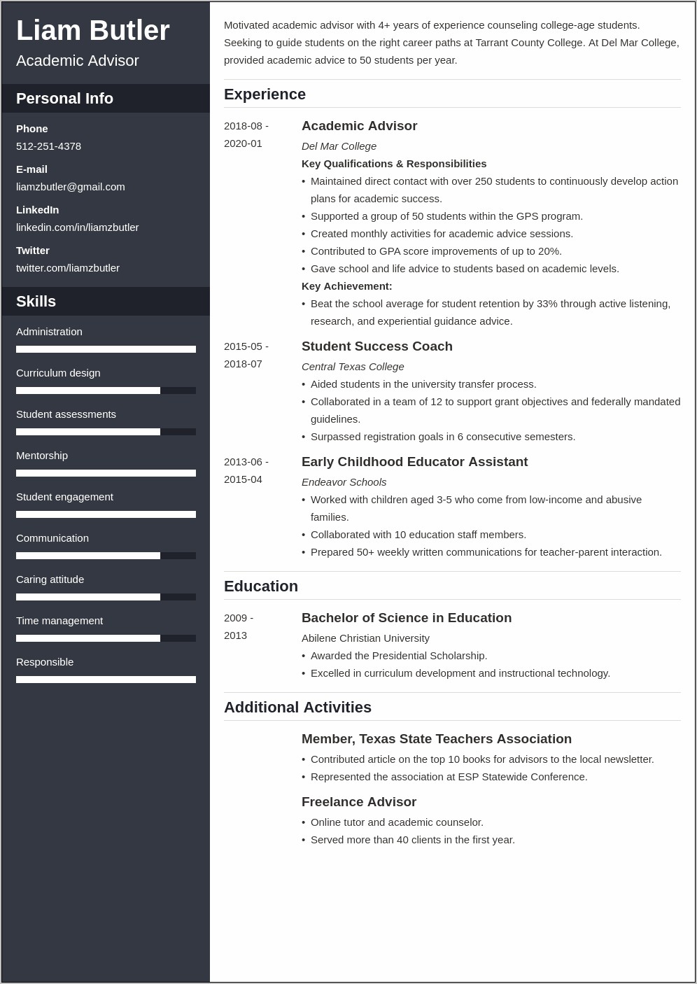 Sample Resume For Academic Advisor Position