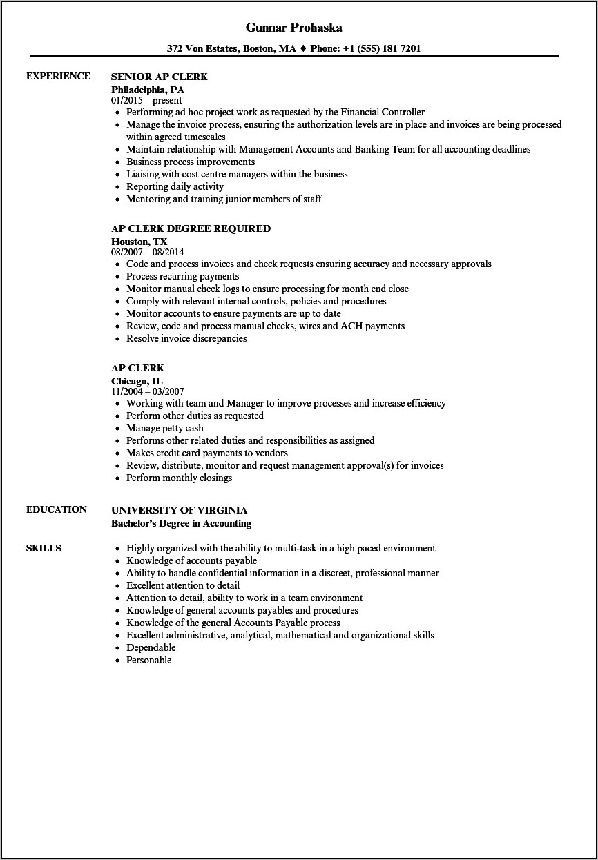 Sample Resume For Accounting Clerk No Experience
