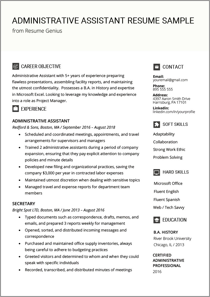 Sample Resume For Administrative Assistant In Education