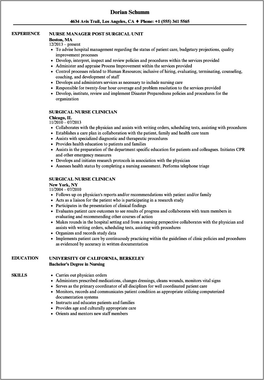 Sample Resume For Adult Med Surg Nurse