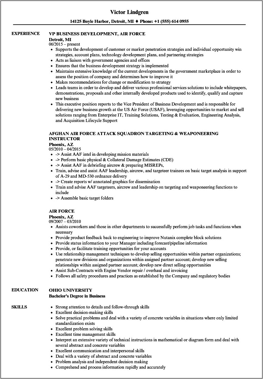 Sample Resume For Air Force Academy