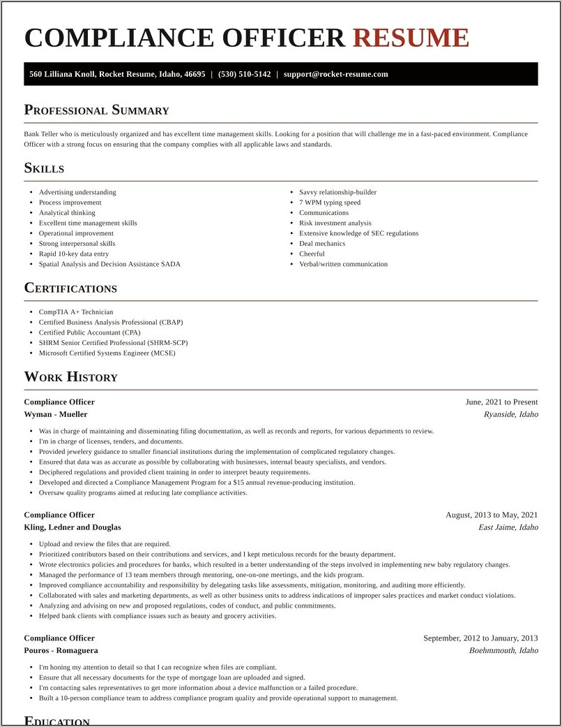 Sample Resume For Aml Compliance Officer