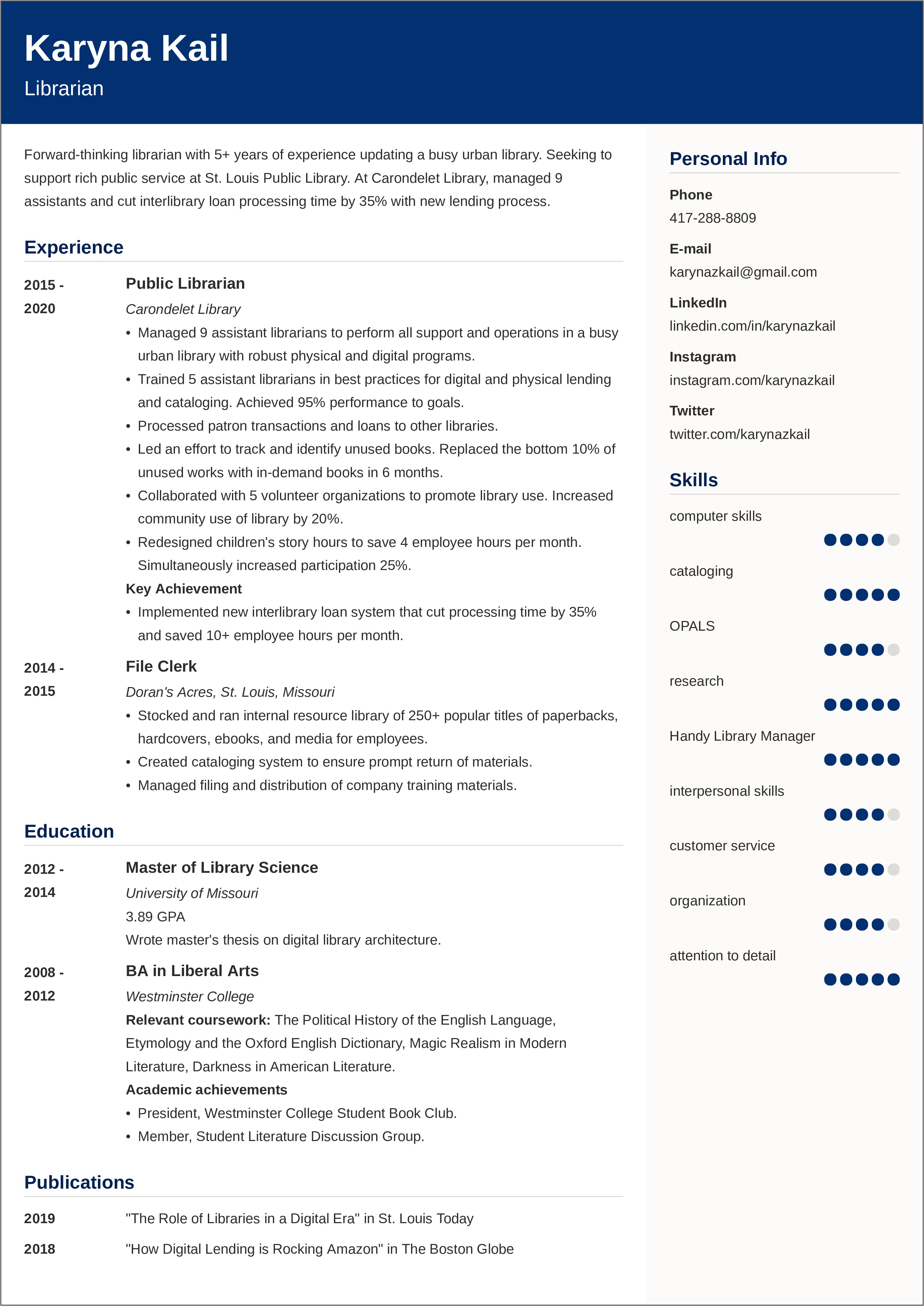 Sample Resume For An Academic Librarian