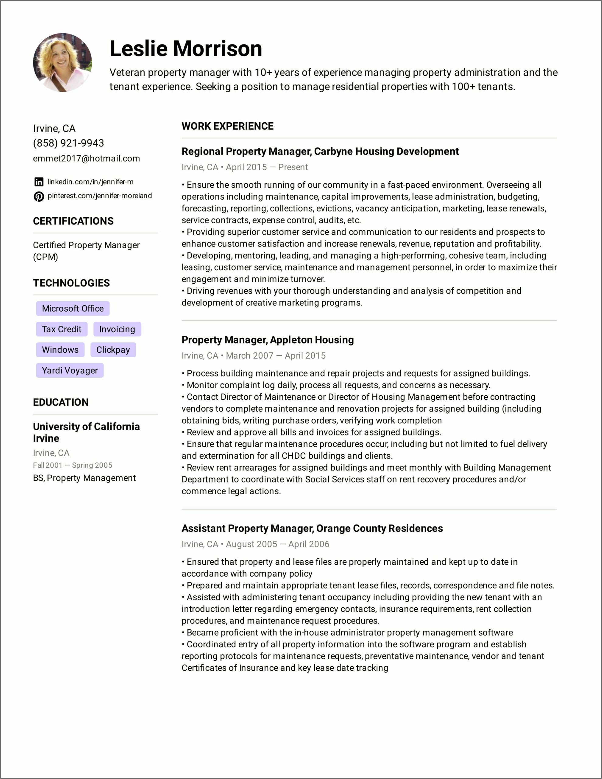 Sample Resume For An Assistant Property Manager