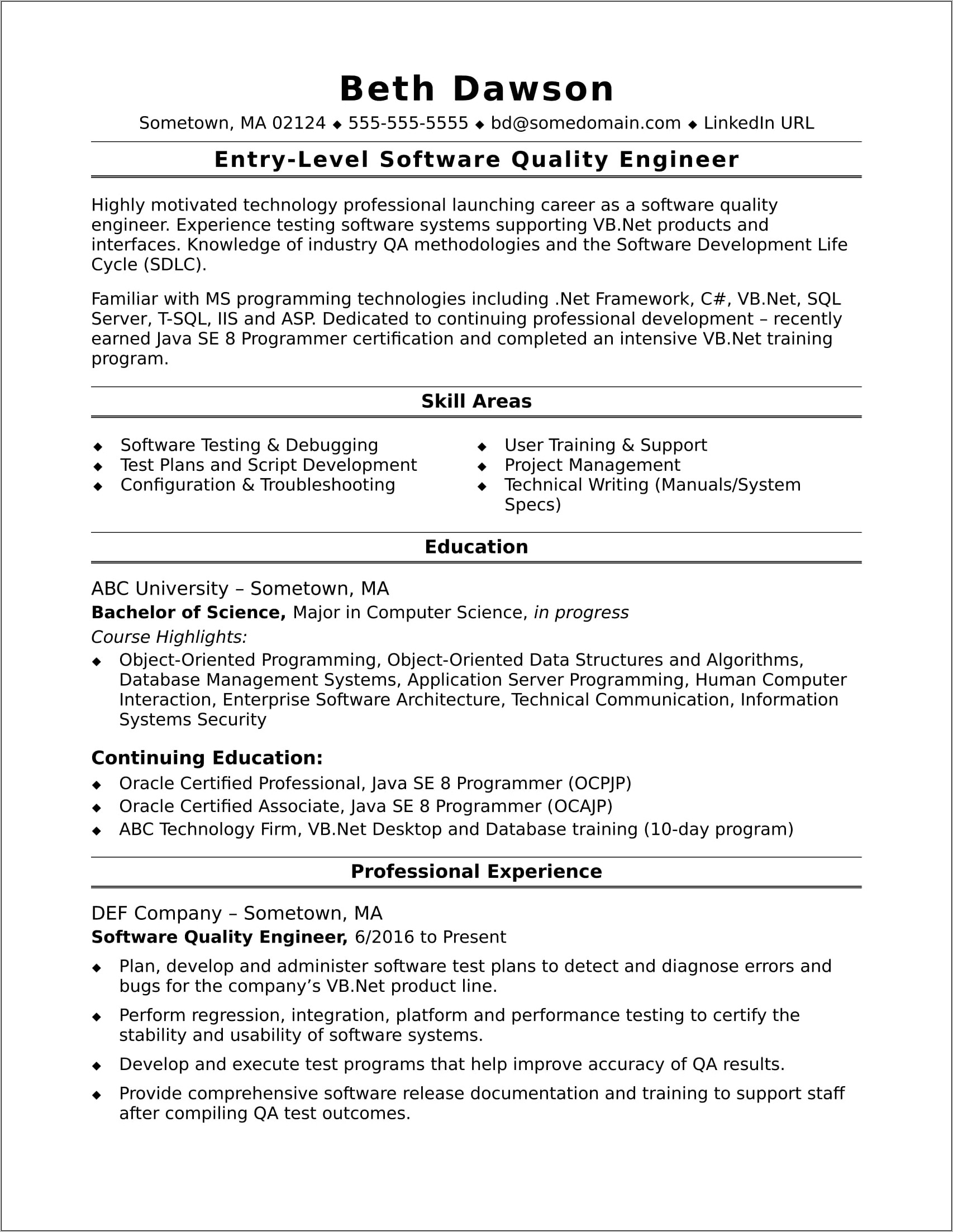 Sample Resume For An Entry Level Sql Developer