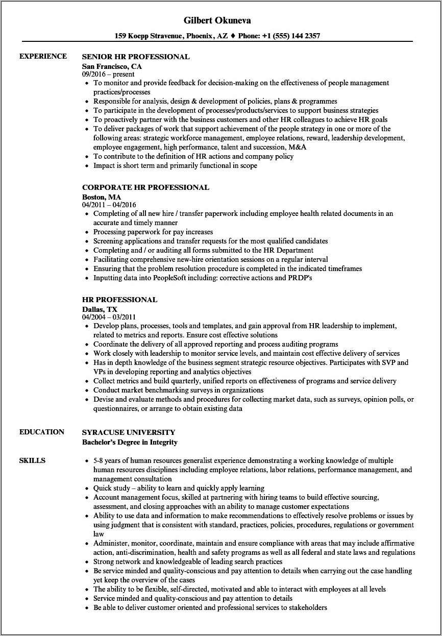 Sample Resume For An Hr Career