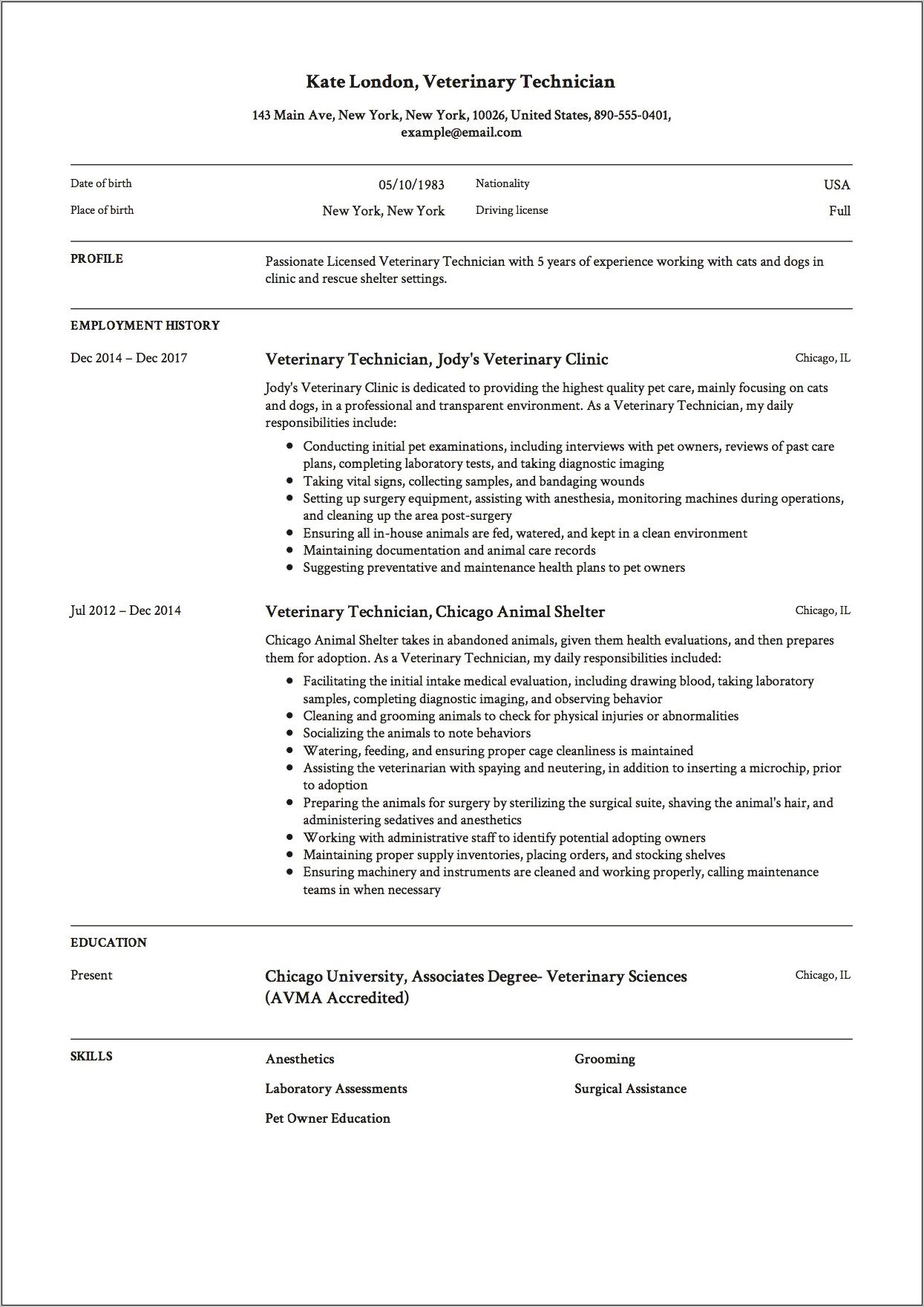 Sample Resume For Animal Care Technician