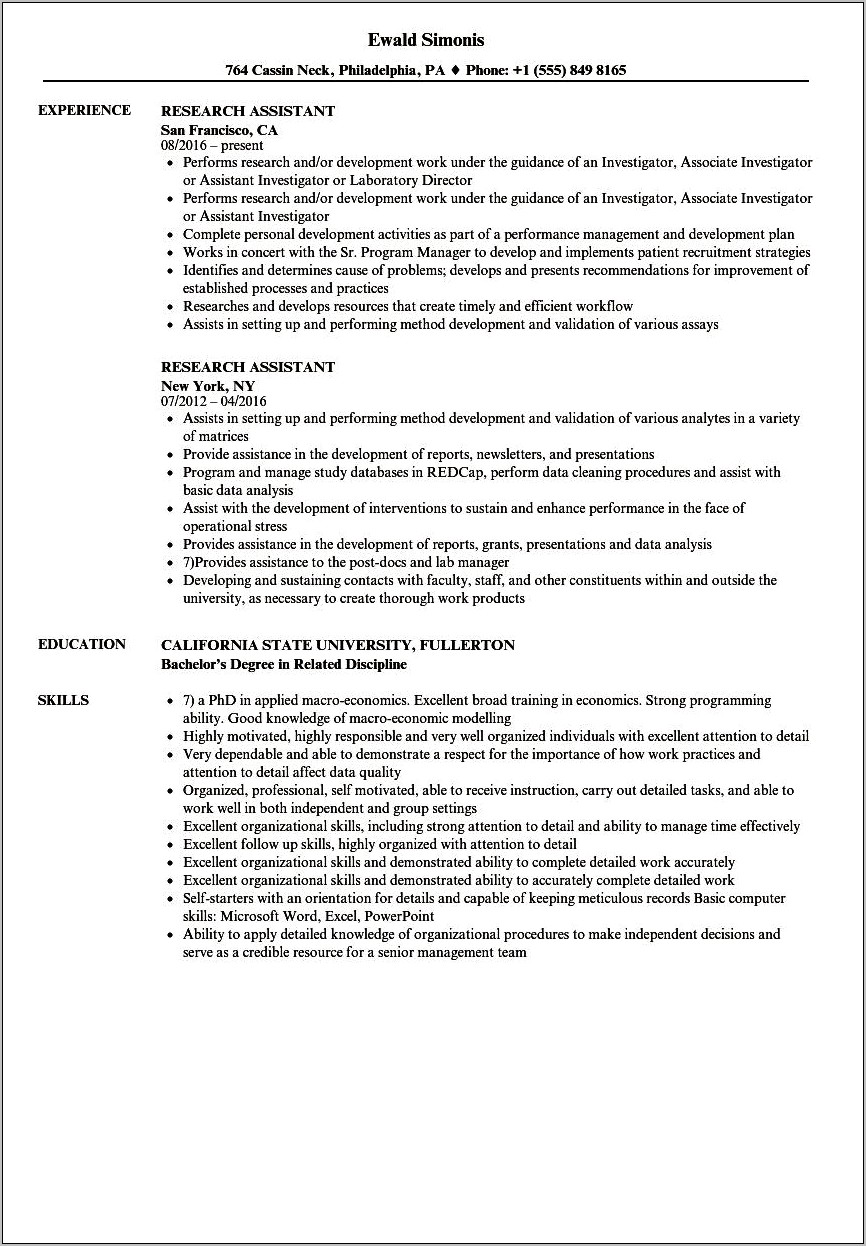 Sample Resume For Applying To A Research Position