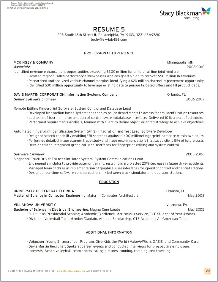 Sample Resume For Applying To Business School