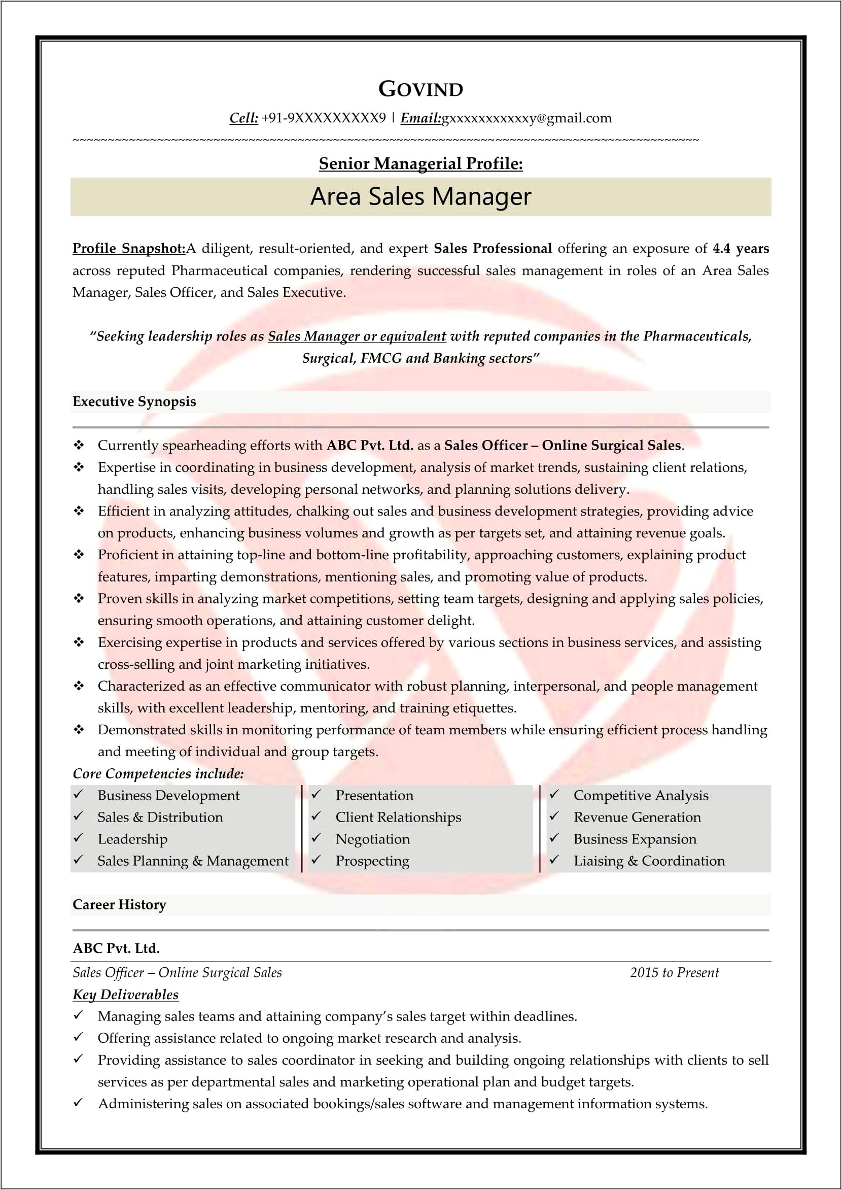 Sample Resume For Area Sales Manager In Fmcg