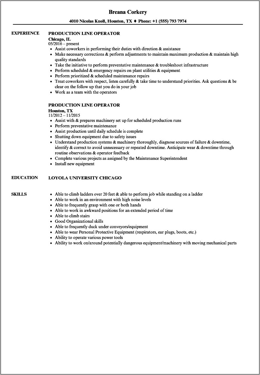 Sample Resume For Assembly Line Operator