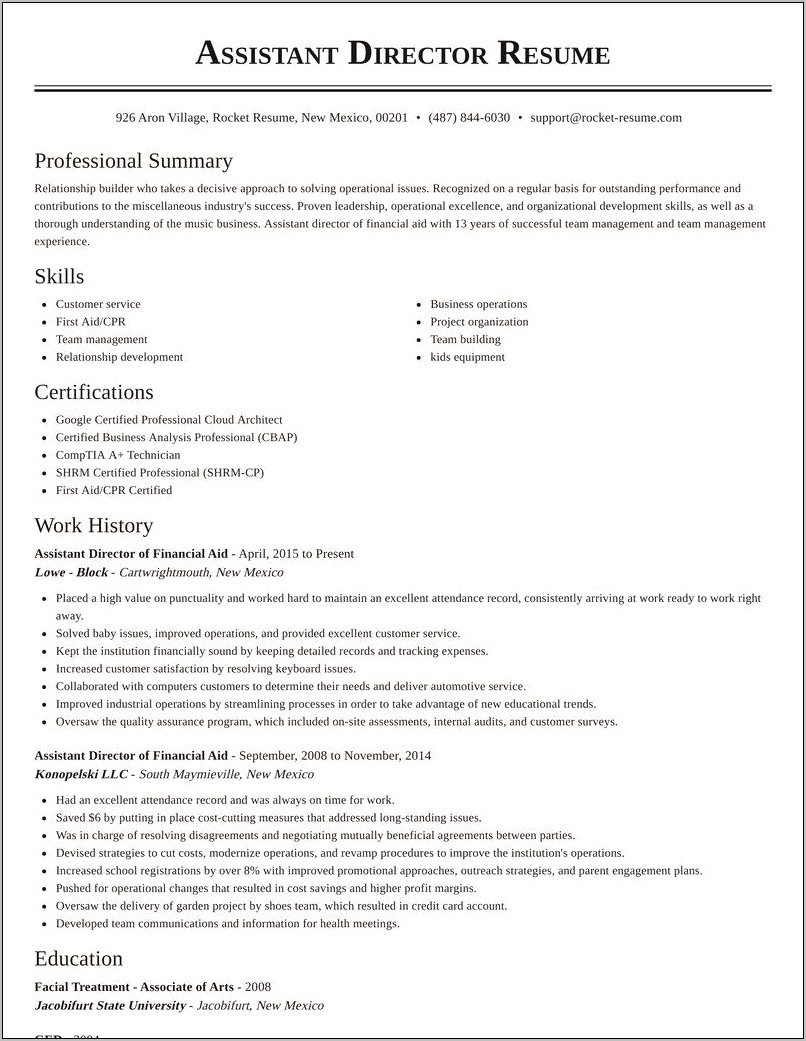 Sample Resume For Assistant Director Of Financial Aid