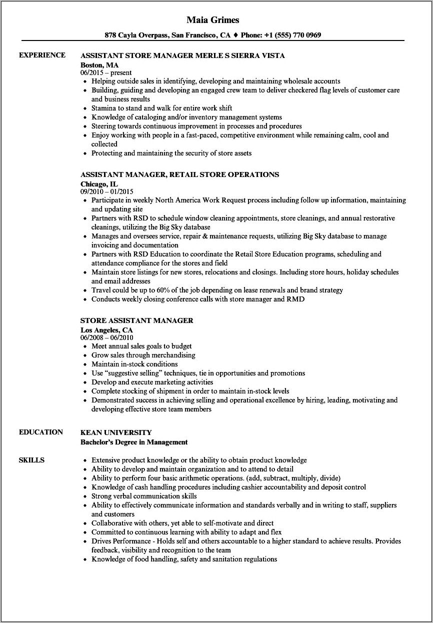 Sample Resume For Assistant Manager In Convenience Store