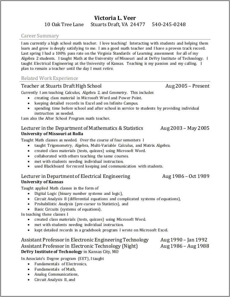 Sample Resume For Assistant Professor In Electronics Engineering