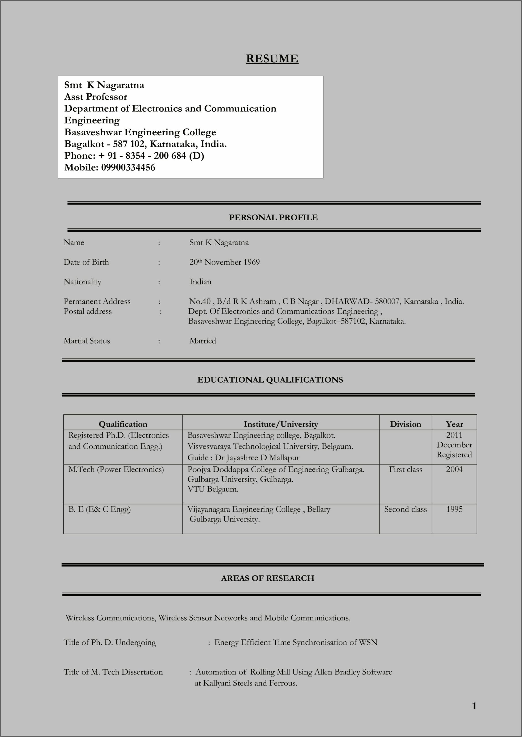 Sample Resume For Assistant Professor In Engineering College