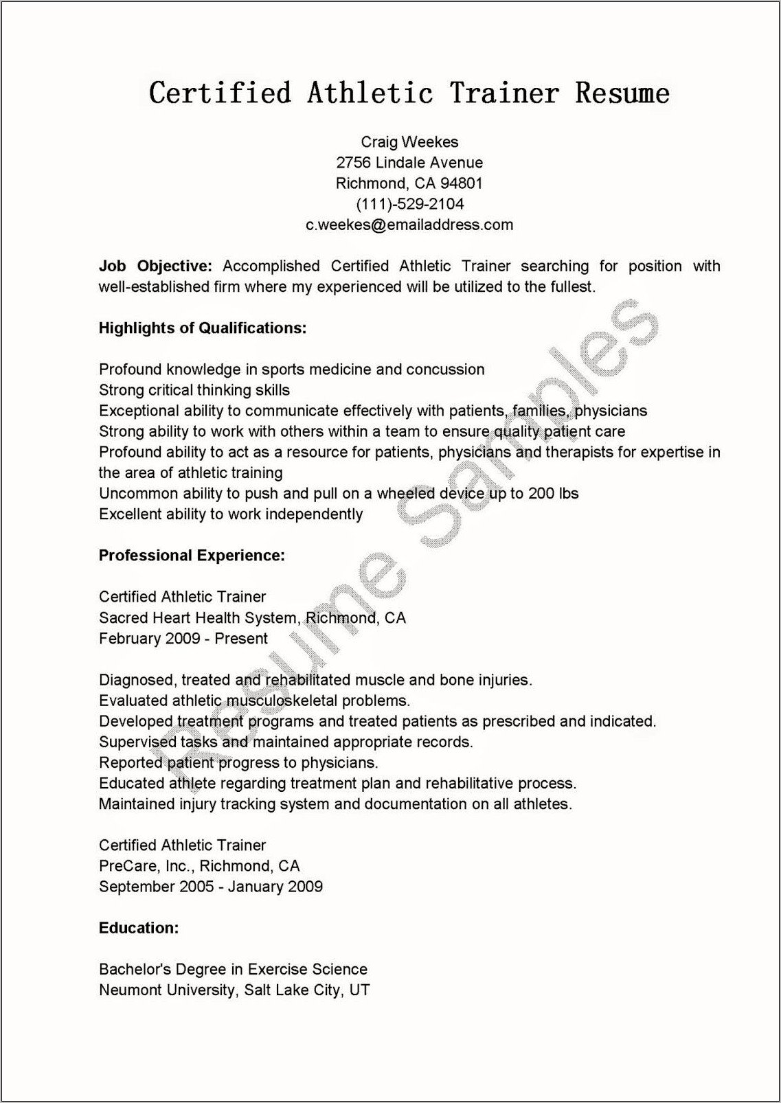 Sample Resume For Athletic Trainer Position