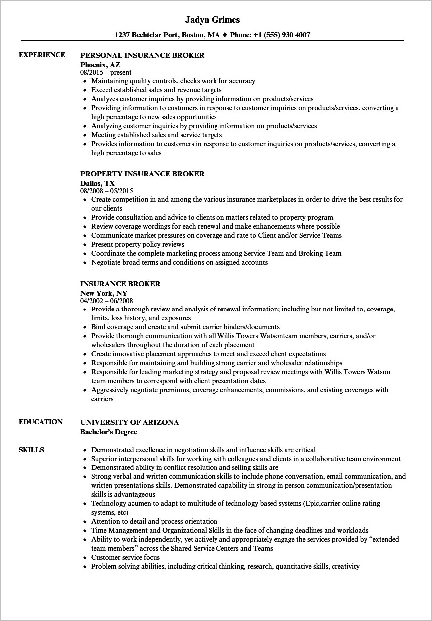 Sample Resume For Auto Insurance Agent