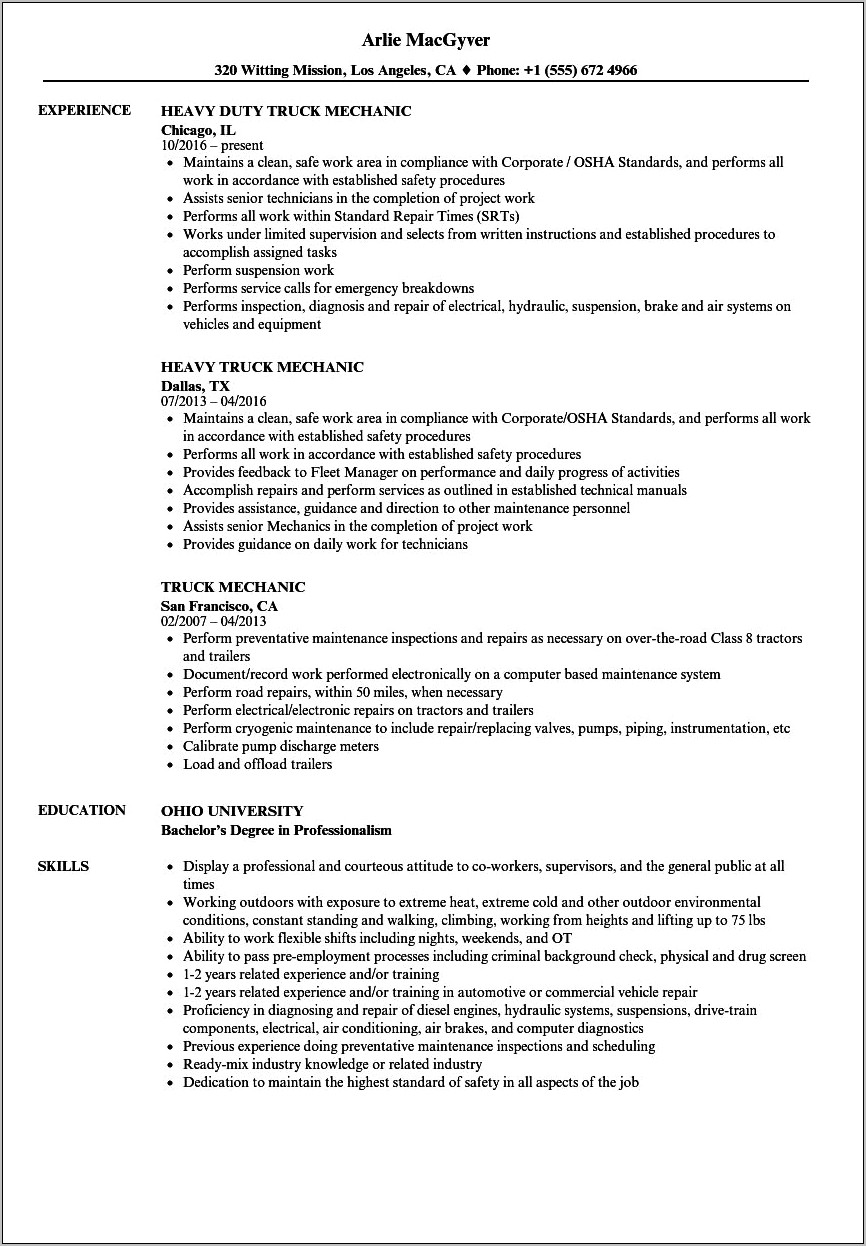 Sample Resume For Auto Mechanic Assistant