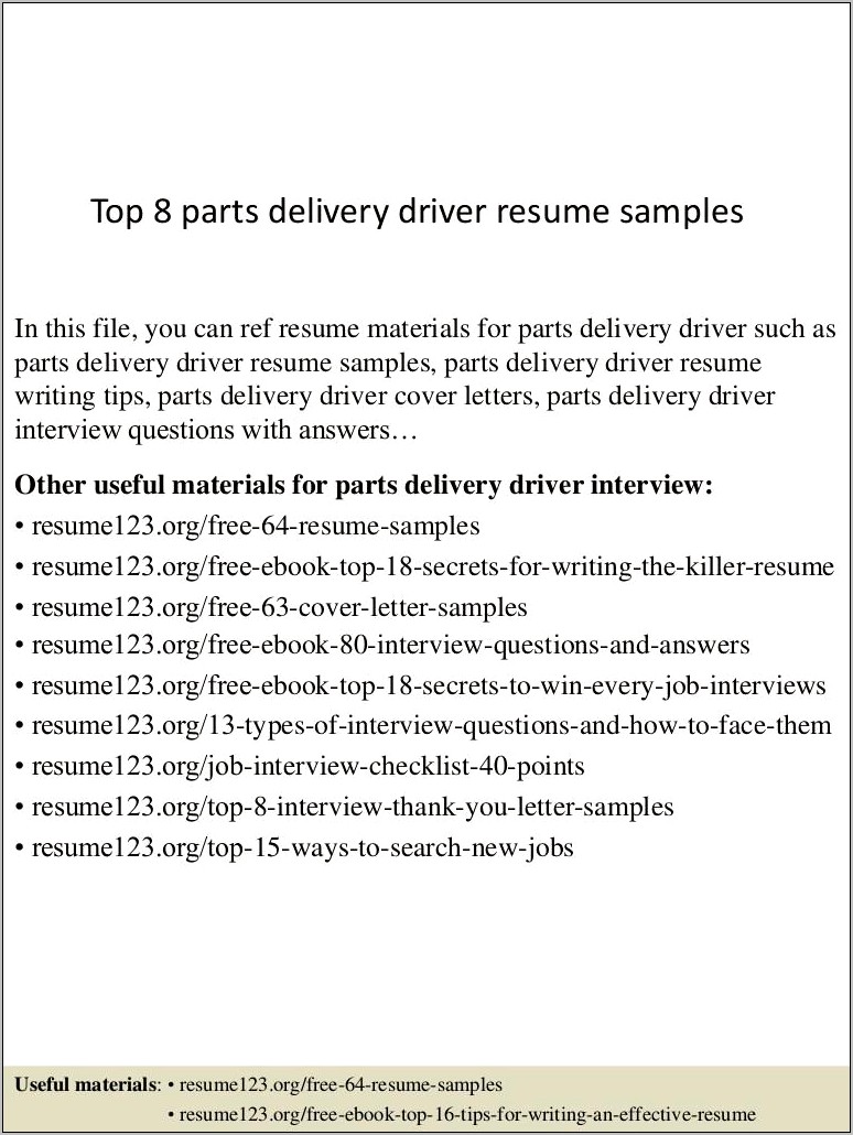 Sample Resume For Auto Parts Delivery Driver