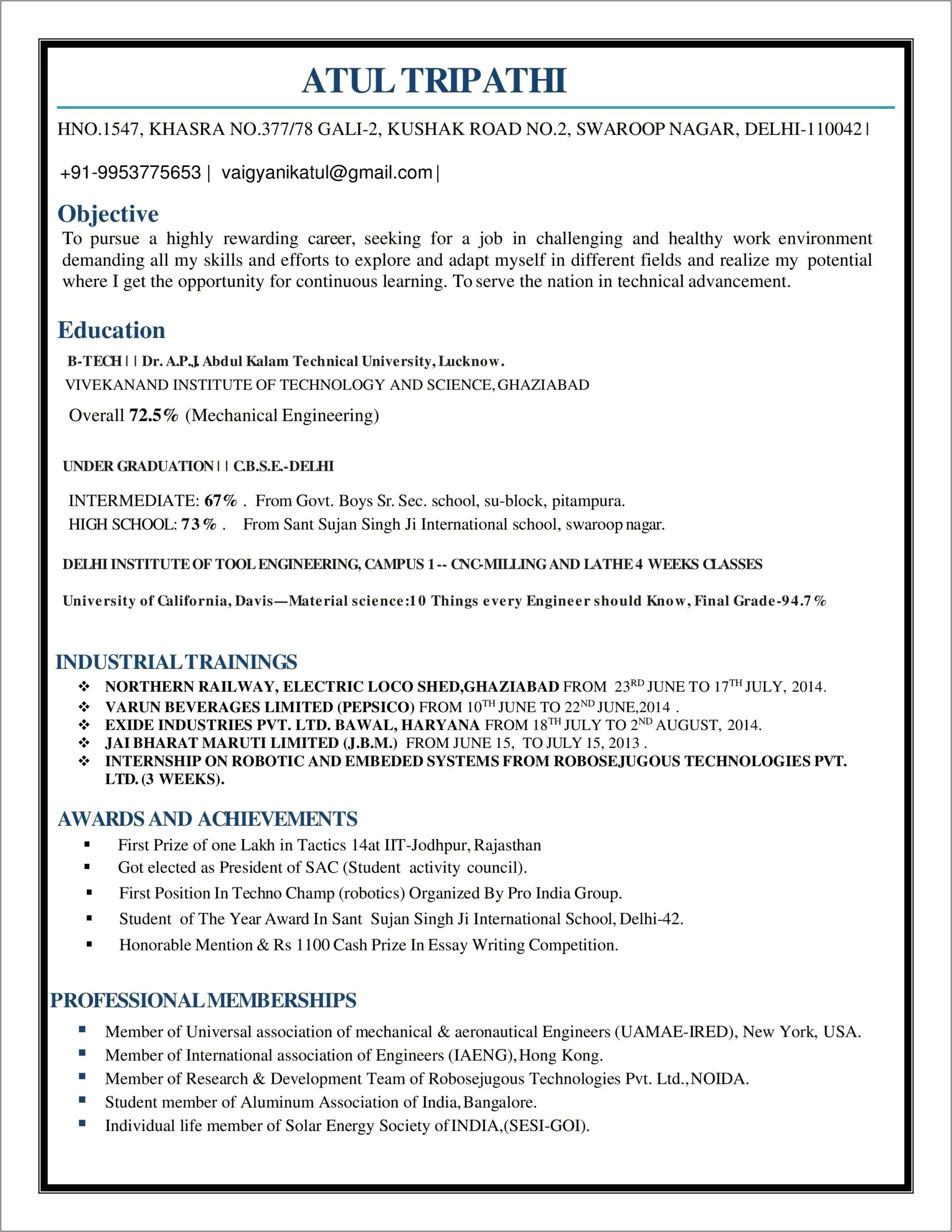 Sample Resume For Automobile Engineering Freshers