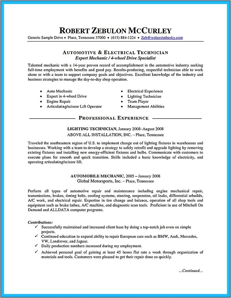 Sample Resume For Automobile Service Engineer