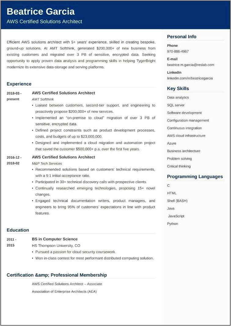 Sample Resume For Aws Solution Architect Associate
