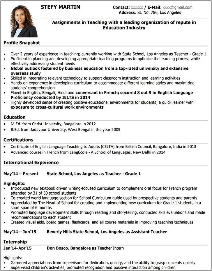 Sample Resume For B Ed Teachers