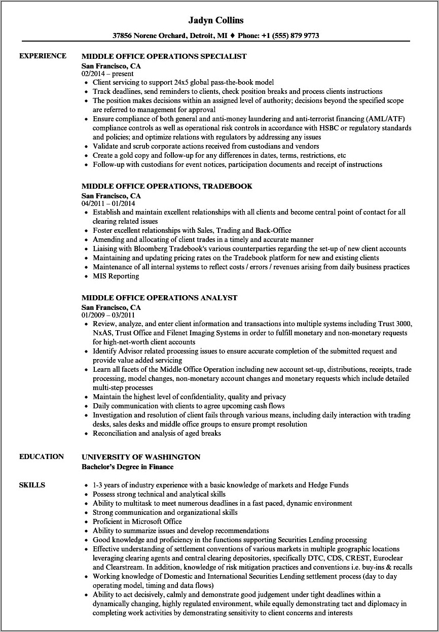 Sample Resume For Bank Back Office Executive