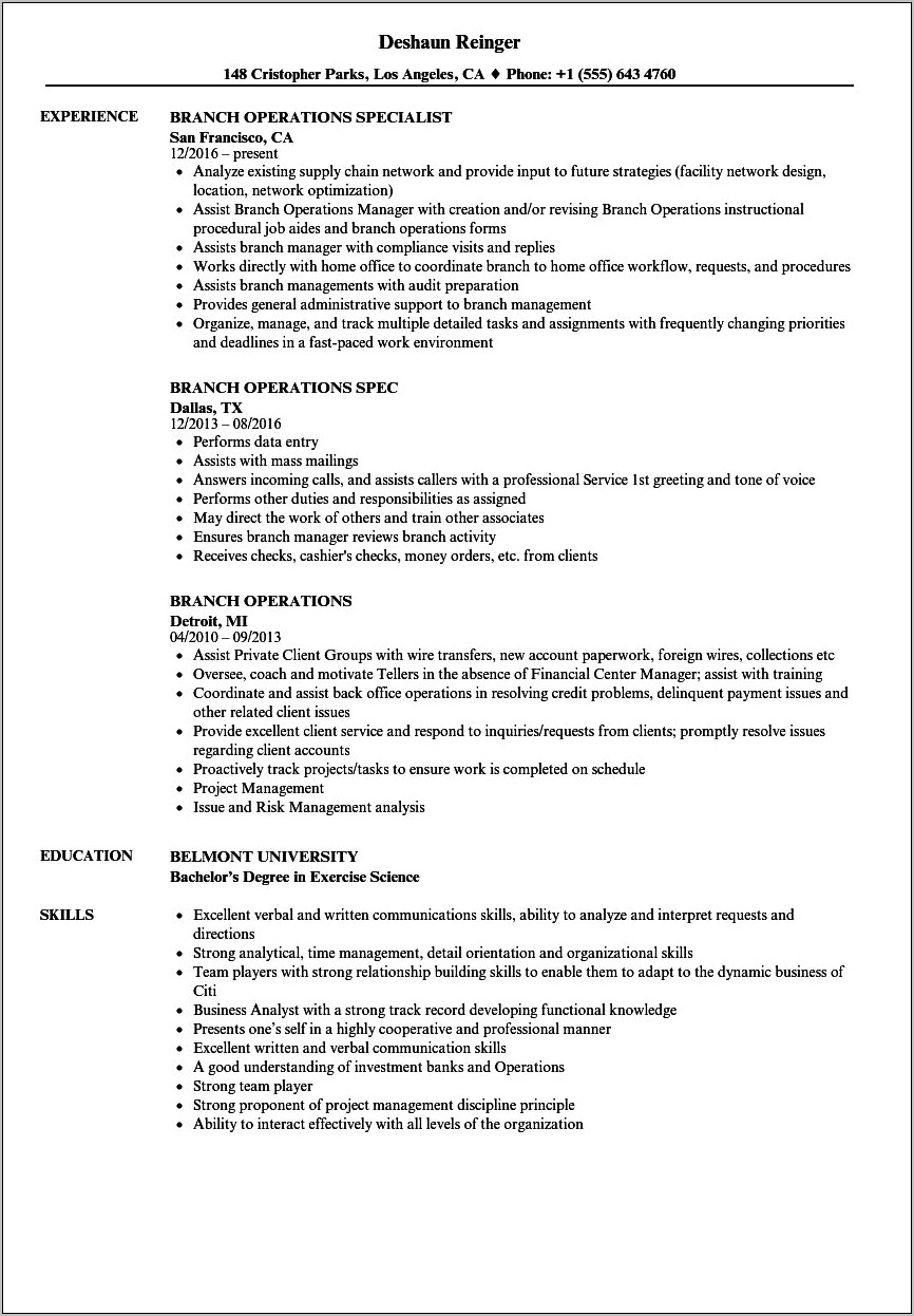 Sample Resume For Bank Branch Operations Manager