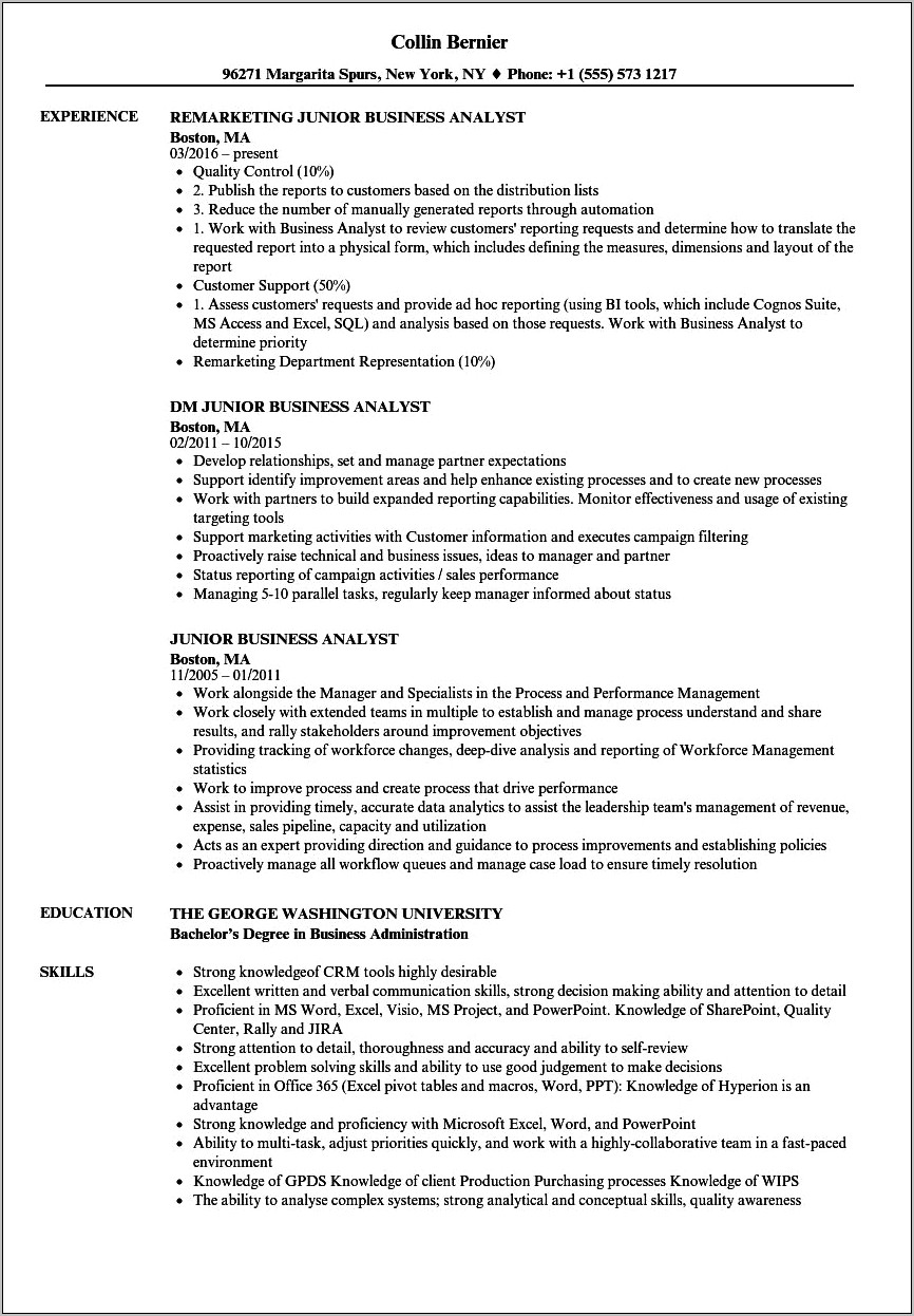 Sample Resume For Banking Business Analyst