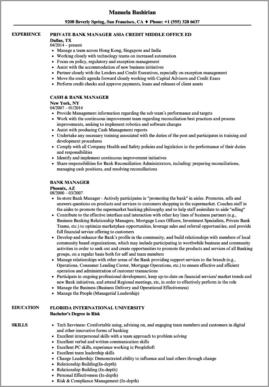 Sample Resume For Banking Operations Manager