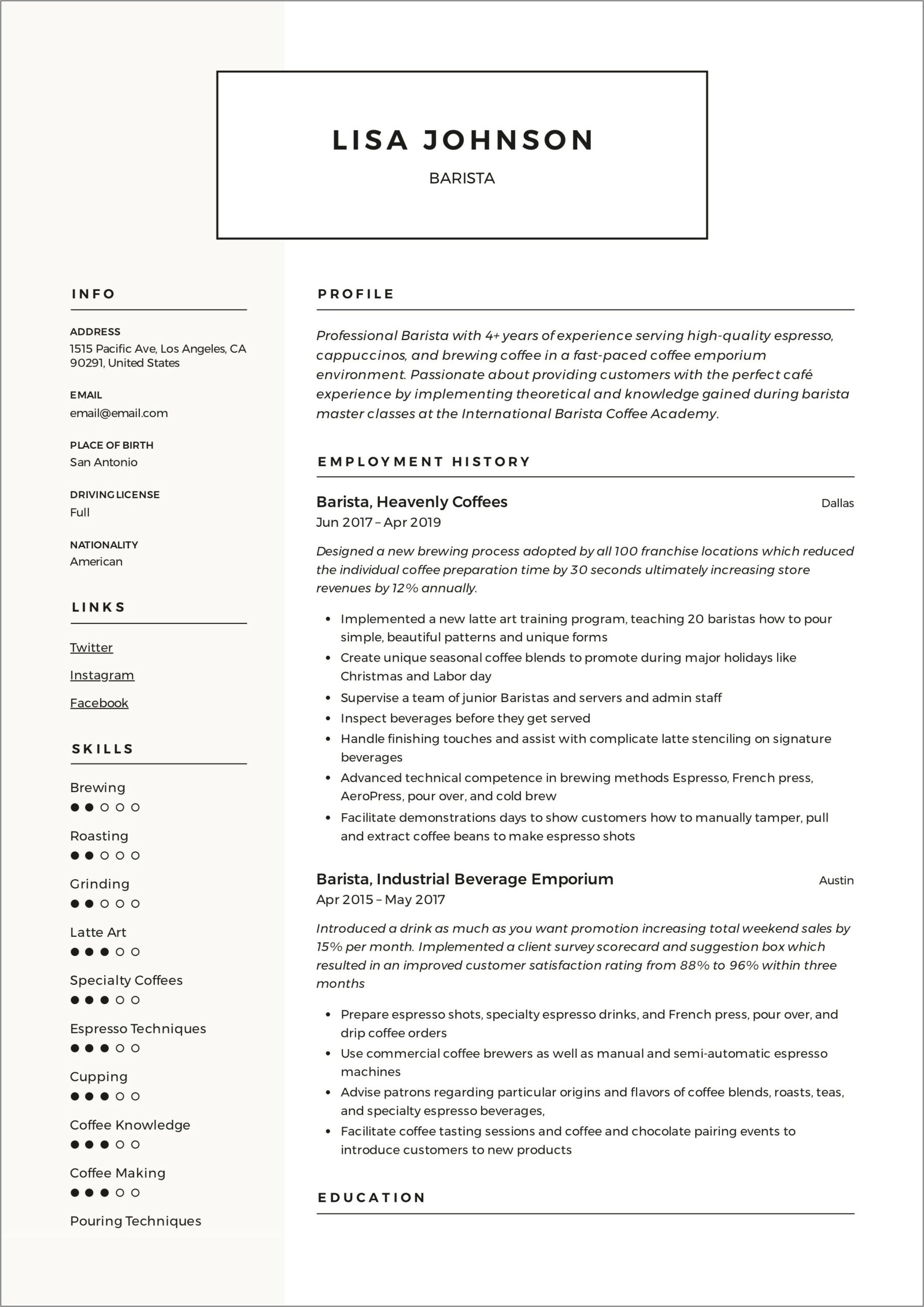 Sample Resume For Barista Position With No Experience
