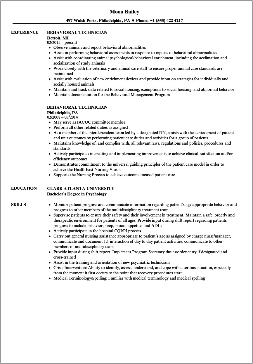 Sample Resume For Behavior Technician Aba