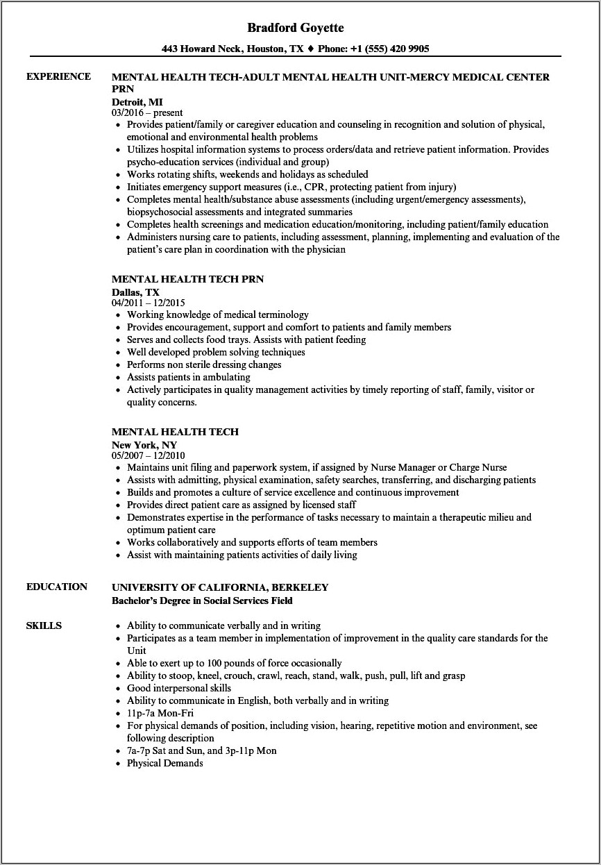 Sample Resume For Behavioral Health Technician