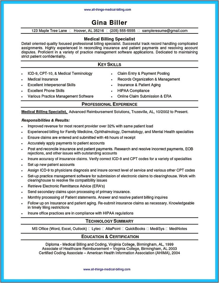 Sample Resume For Billing Administrator Specialist