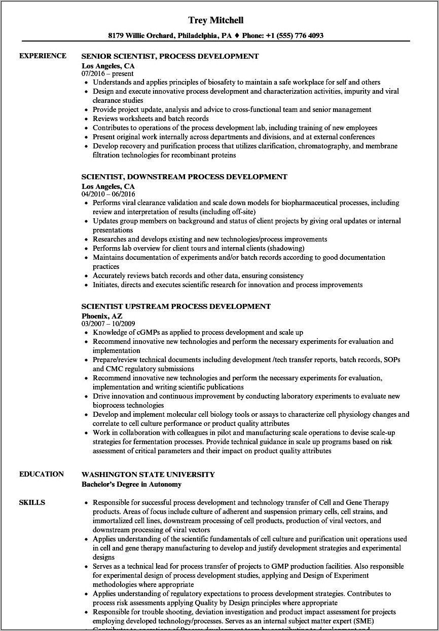 Sample Resume For Biotech Purification Senior Associates