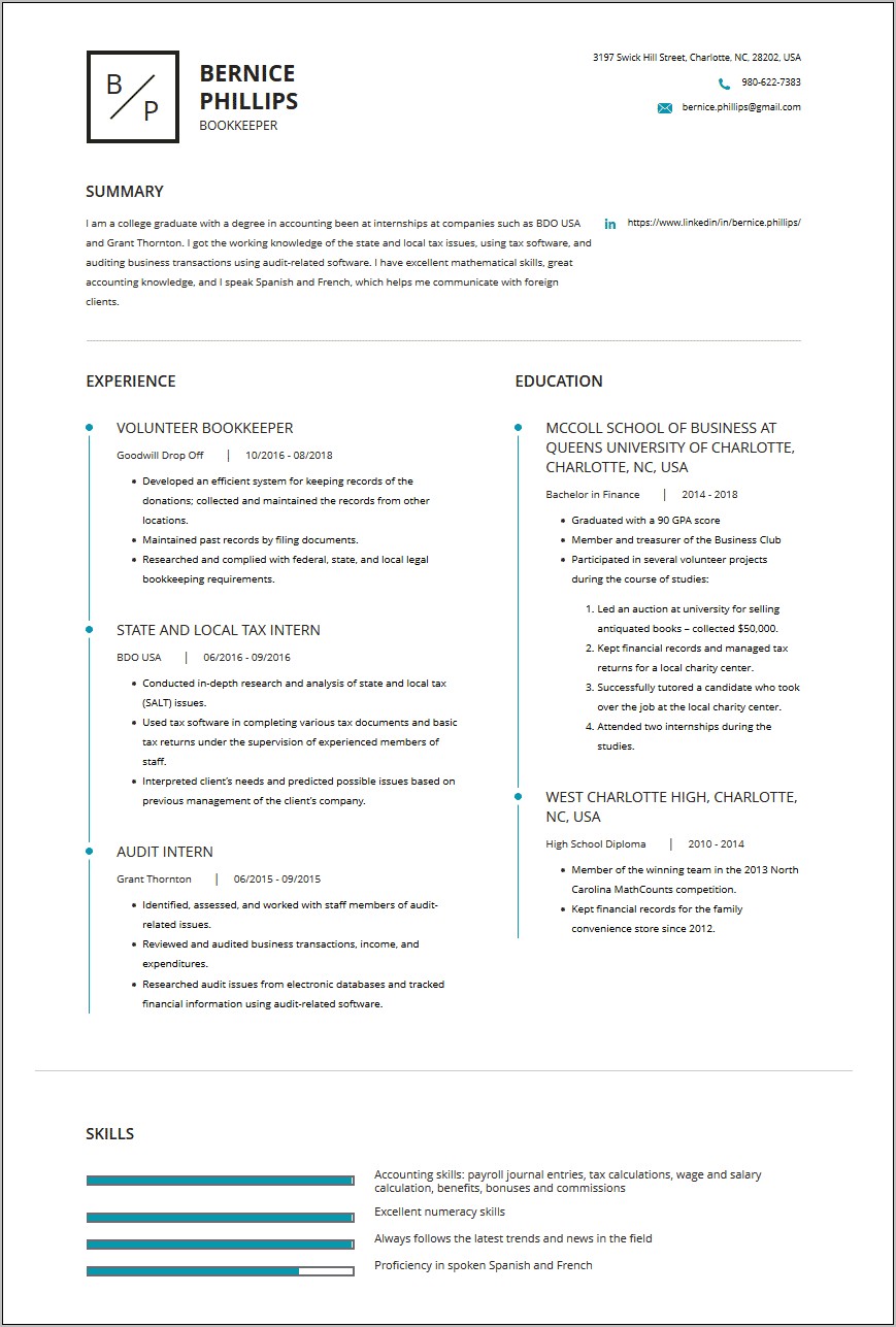 Sample Resume For Bookkeeper Without Experience