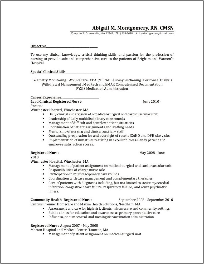 Sample Resume For Bsn Nurse Med Surgical