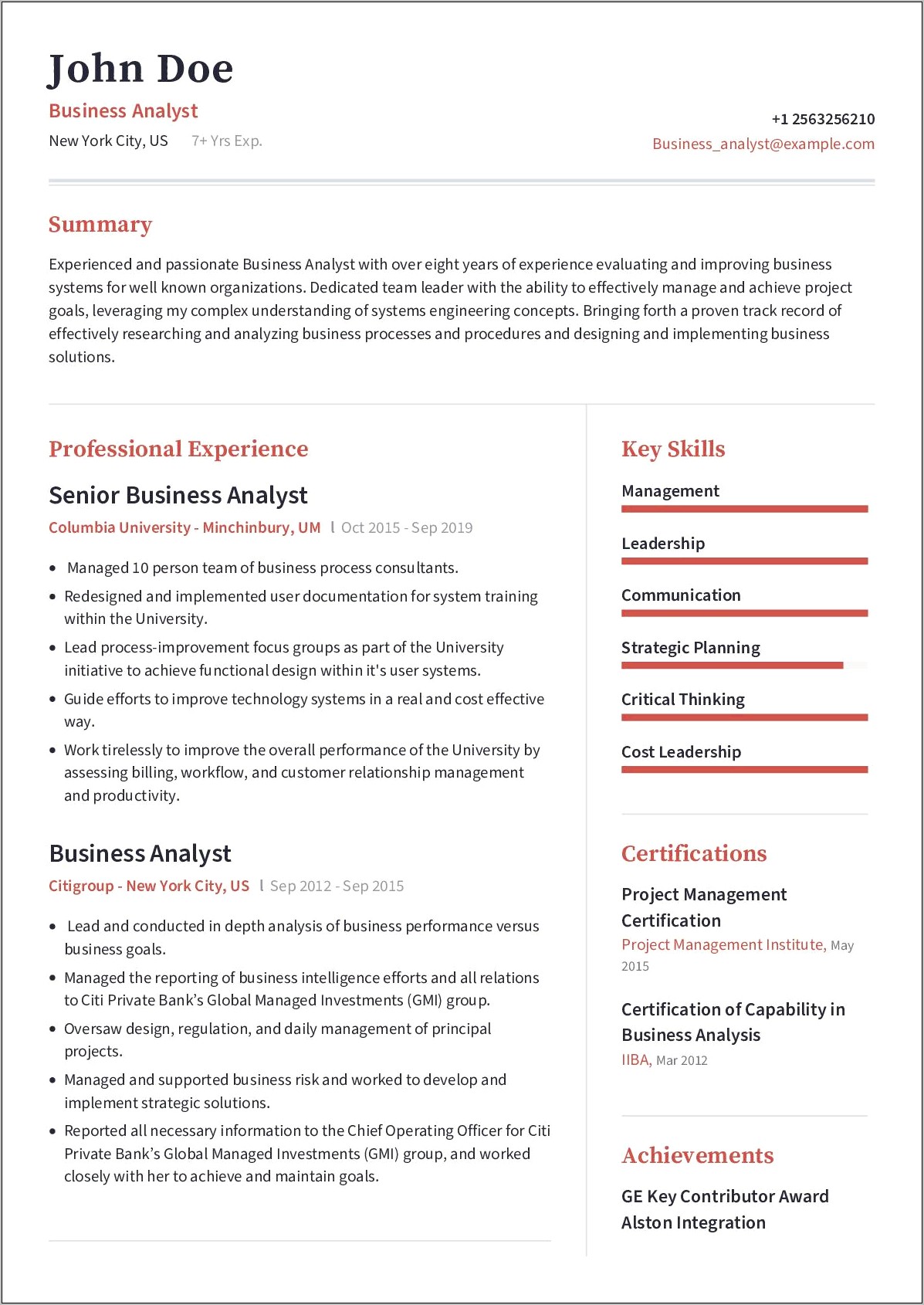 Sample Resume For Business Analyst Position