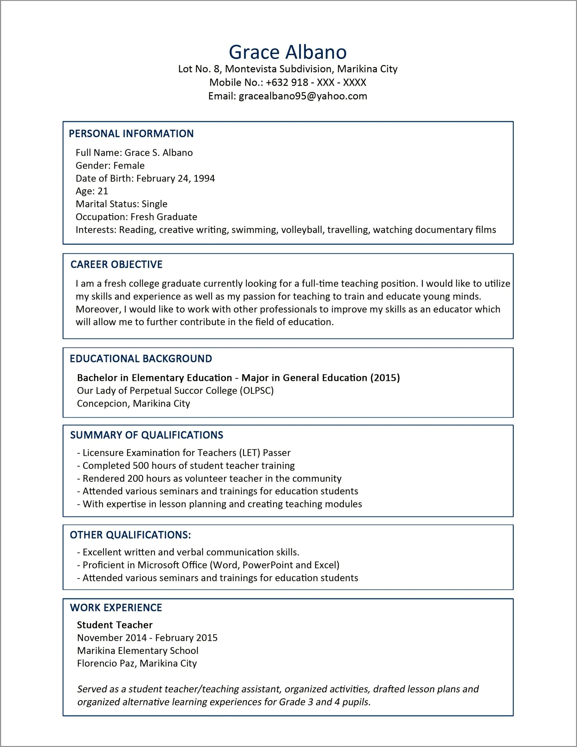 Sample Resume For Business Management Fresh Graduate